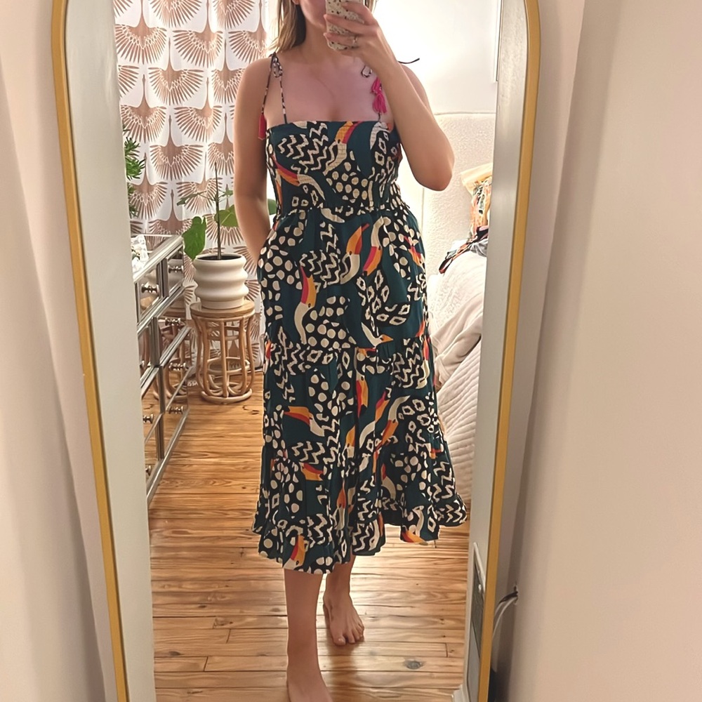 FARM Rio Dark Green Multi-Color Printed Midi Dress